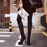 kamames Gray Women Flock Square High Heel Knee High Boots Fashion Platform Zipper Boots Autumn Winter Woman Shoes Brown Wine Red