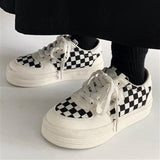kamames spring and summer women's shoes thick-soled sneakers black and white plaid casual girls student vulcanized shoes Lace-up