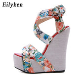kamames Summer Fashion Peep Toe Solid Platform Women Designer Silk Print Flower Fabric High Heels Wedges Sandals Shoes