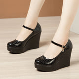 kamames Heel High Heel Buckle Spring Single Shoes 2023 New Thick-Soled Waterproof Platform Walking Shoes Lacquered Leather Shallow-Mouth Work Shoes
