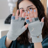 Color Block Plush Knitted Gloves For Women, Stretchy Warm Reversible Gloves, Winter Coldproof Half Finger Gloves For Casual Outdoor Wear