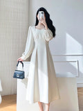 kamames Vintage White Midi Dresses for Women 2023 New Autumn Elegant Fashion Square Neck Long Sleeves Bride Wed Female Clothing