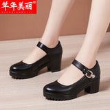 kamames Cheongsam Catwalk High Heels Waterproof Platform Large Round Head Thick Heel Black Professional Single Shoes Working Shoes