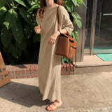 Zingj Long Dresses for Women Casual Loose Cotton Linen Midi Dress Lady Round Neck Large Size Solid Color Dress Elegantes 2023