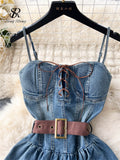 Zingj Fashion Streetwear Denim Dress Spaghetti Strap Cross Lace Up Bow Belt Zipper Pleated Women American Vintage Mini Dress