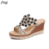 kamames Shoes Women Summer Peep Toe Breathable Beach Sandals Rhinestone Slip-On Wedges Shoes Sandals