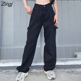 kamames Loose Jeans Casual Work Pants women Hip Hop Jeans woman Cotton Trousers 1 Pocket women Clothes Blue/black/white Jeans