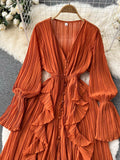 Zingj Chiffon Pleated Long Dress Women Vintage V-Neck Flare Sleeve Draped Ruffle Vestido Female Maxi Robe Spring Fall 1028-0