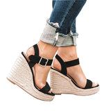 kamames Style 2023 Slope Heel Women's Shoes Straw Braided Hemp Rope Large Size Female Sandals Clasp Fish Mouth Sandals Women