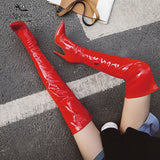 kamames Sexy Mirror Leather Thigh High Boots Women High Heels Over The Knee Boots For Women Point Toe White Red Fetish Party Long Shoes