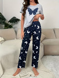 Butterflies in Bloom - Womens Short Sleeve Pajama Set with Round Neck Top & Elastic Pants, Lightweight & Soft Casual Sleepwear for Dreamy Nights