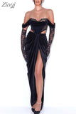 Zingj Sexy Off Shoulder Velvet Maxi Corset Dress Lace Black Evening Party Dresses with Gloves Runway Outfits 2023 Women