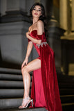 kamames Velvet Off Shoulder Rhinestone Evening Gown - Red