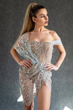 kamames Off Shoulder Sequin Sheer Mini Dress - Silver