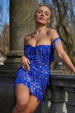 kamames Off-shoulder Sequin Diamond Mini Dress - Blue