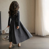 kamames Autumn Kids Girls Beige Grey Simple Casual Patchwork Princess Elegant Long Sleeve Dresses Korean Style