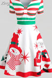 kamames Dress Women Winter Santa Claus Striped Print Elegant Short Sleeve V-neck Xmas Party Midi Sundress