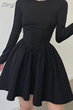 kamames Korean Clothes Long Sleeve Corset Black Dress Female Solid Basic O Neck Fashion Autumn Dress Pleated Slim Elegant New