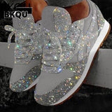 kamames Women Casual Glitter Shoes Mesh Flat Shoes Ladies Sequin Vulcanized Shoes Lace Up Sneakers Outdoor Sport Running Shoes