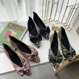 kamames Shiny Elegant Fashion Flat black shoes for women Flat Ballet Shoes Female Glitter Bling Crystal Bow Tie Pointed Toe Flats