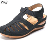 kamames Summer Leather Vintage Sandals Buckle Casual Sewing Women Shoes Female Ladies Platform Retro Sandalias Plus 35-44