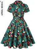 kamames Bird Print Summer 2022 Women Vintage Dress Beach Green Retro Pin UP Casual Party Robe Rockabilly 60s Swing Sundress