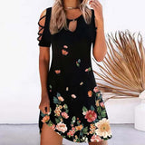 kamames Women Floral Print Party Dresses Sexy Summer Short Sleeve O-Neck Mini Dress For Ladies Hollow Out Design Elegant Dress 5147