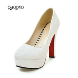 kamames New Style Sexy Sequined Platform Shoes Female Square High Heels Pumps Slip On Party Wedding Shoes Women