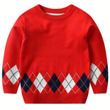 Cozy Boys' Argyle Plaid Sweater Pullover - Soft Round Neck Long Sleeve Stretch Warm Knit Top for Kids Outdoor Play - Classic Style Winter Clothing for Boys