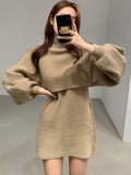 Zingj Casual O-Neck Knitwear Dress Female Loose Two Piece Set Thick Warm Lantern Sleeve Knitted Pullover Women Sweaters Winter