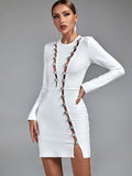 kamames Long Sleeve Bandage Dress Women White Bodycon Dress Evening Party Elegant Sexy Birthday Club Outfits 2022 Autumn Winter