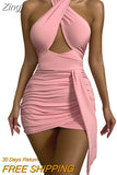 Zingj Cross Halter Neck Women Bodycon Dress Sexy Solid Color Sleeveless Pleated Ruched Mini Sheath Dress Party Backless Wear