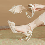 kamames kamames Flower Bow Pearl Chain Waterproof Platform Heel Heels Not Tired Wedding Shoes High Heels