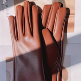 Simple Monochrome PU Leather Gloves Short Velvet Lined Warm Gloves Autumn Winter Windproof Riding Gloves