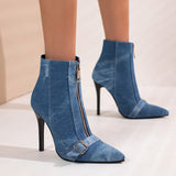 kamames Fashion Denim Women Boots Buckle Thin High Heel Ankle Boots Pointed Toe Front Zipper Autumn Winter Ladies Shoes