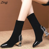 kamames Short Boots Woman Mid Calf Boot Elastic Fabric Rhinestone Square Heel Women's Winter Shoes Black Female Footware