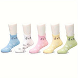 5 Pairs of Adorable Cat Face Girls Socks - Soft-Cotton Blend, Ultra-Comfortable Ear Lifting Design, Breathable for Spring & Summer - Versatile Casual Wear with Elasticized Arch Support