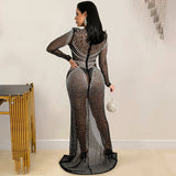 kamames Sexy Women Crystal Mesh Sheer Maxi Dress Ladies Long Sleeve See Through Bodycon Birthday Clubwear Long Dress Outfits