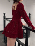 kamames Hot Girl Red Velvet Dress Women's Autumn/Winter Christmas Square Collar Long-sleeved Slim Fit A-line Dress Female Clothes