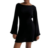 Zingj Women Knitted Dress Casual Solid Color Backless Long Sleeve Mini Party Dress for Beach Cocktail Club Streetwear