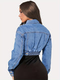 Women's Chic Collared Denim Jacket - Casual, Easy-Care, Long Sleeve, Single-Breasted Coat with Stylish Flap Design