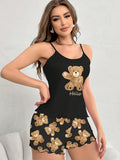 Cute Backless Teddy Bear Pajama Set - Frilly Trim & Elastic Shorts - Comfy Sleepwear for Women