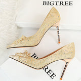 BIGTREE Shoes Pearl Flowers Woman Pumps Rhinestone High Heels 2022 New Luxurious Women Heels Stiletto Large Size Ladies Pumps