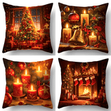 4-Pack Festive Christmas Pillows - Vibrant Holiday Decorations with Tree, Candles, and More - Soft, Contemporary Style, Hand Washable, Printed Design, Zipper Closure, 17.72 x 17.72 inches for Living Room, Bed, and Bedroom