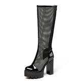 kamames White Women Knee High Boots Sexy Hollow Breathable Mesh Boots Patent Leather Platform Shoes Summer Thick High Heel Boots