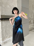 kamames Tie Dye Blue Black Long Slip Dress For Women 2022 Summer Drawstring A Line Asymmetrical Dress Fashion Clothing