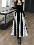 kamames Knitted Patchwork Floral Dress Irregular Design Sense Hepburn Wind Sweet Fashion Slim Summer New Black Long Dresses