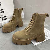 kamames Tied Ankle Boots for Women 2023 Autumn Winter New Eco-friendly Leather Round Toe Zip Platform Shoes Plus Size Women Heels