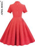 kamames England Style Red Plaid Dress Women Summer Short Sleeves Sashes A-Line Casual Tunic Dress 50s Vintage Midi Party Dresses