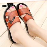 kamames Women Slippers Genuine Leather Casual Slides Women Summer Shoes Retro Solid Mother Shoes Wedges Flip Flops sandals